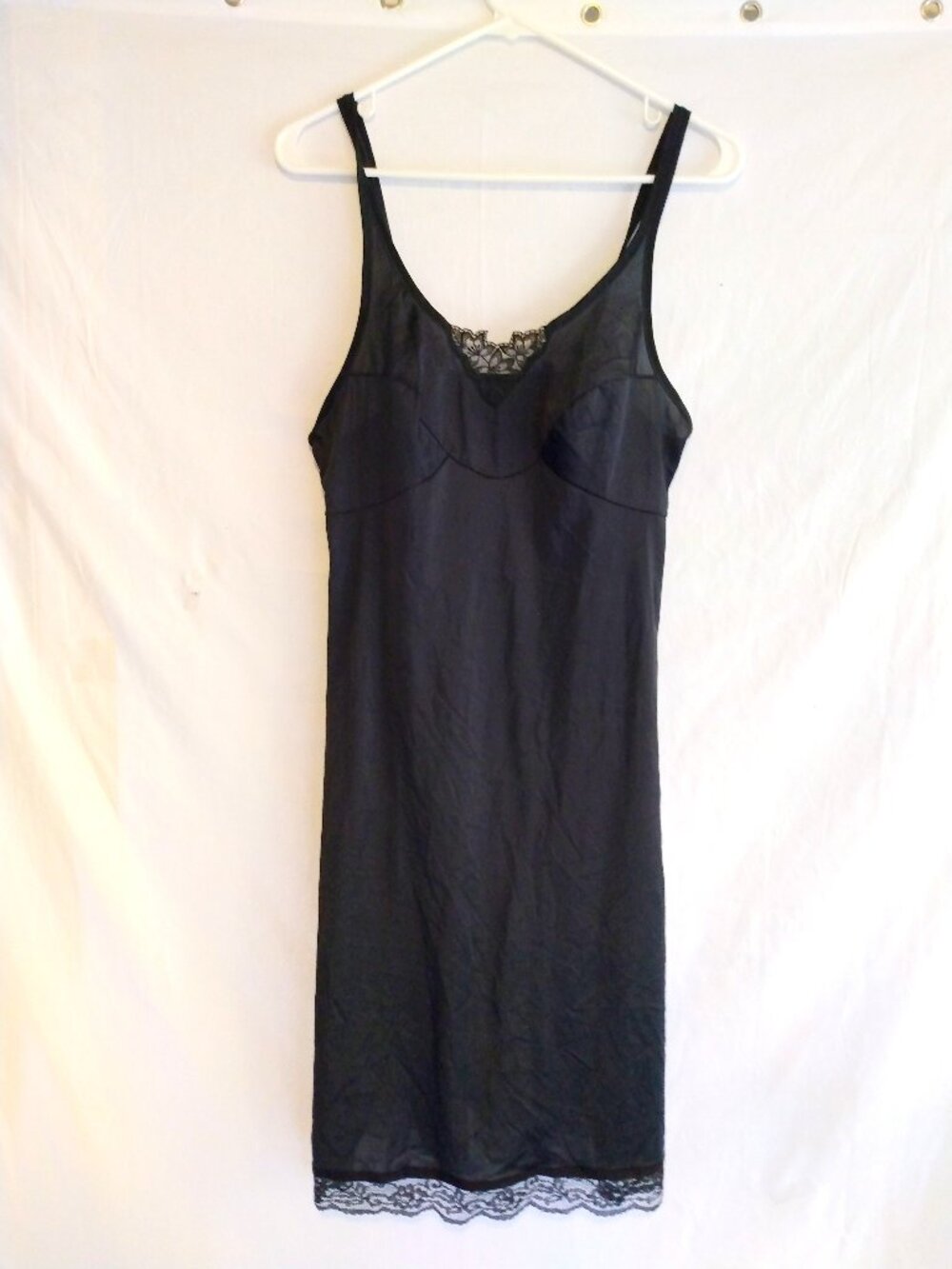 Vintage Bendon Black Satin Slip Dress 14 Long Lingeriecore Y2K Classic Lace Trim